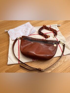 Clare V Grande Fanny brown leather fanny pack with tortoise shorty strap